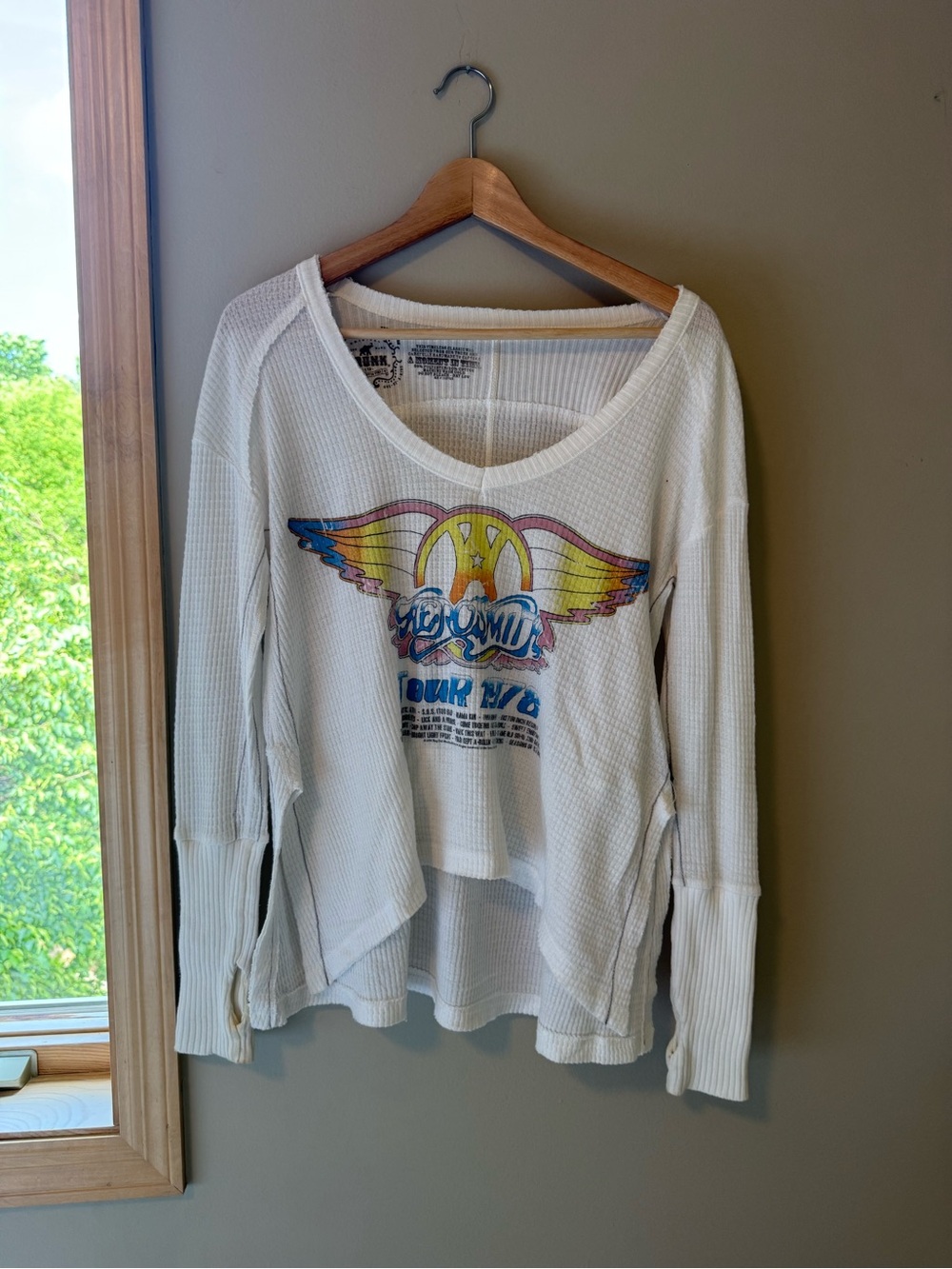 Unk White Waffle Knit Long-Sleeve Top with Colorful Wing Graphic